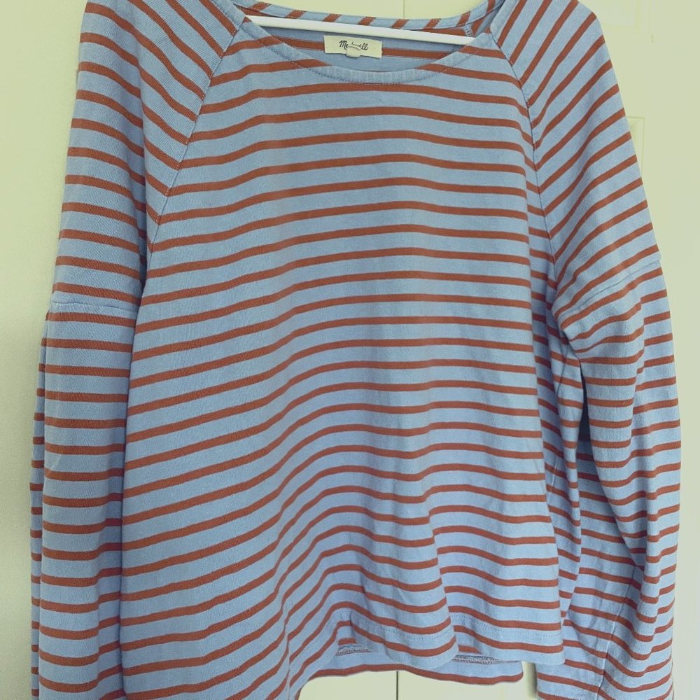 Madewell Blue and Orange striped bell sleeve cropped knit shirt